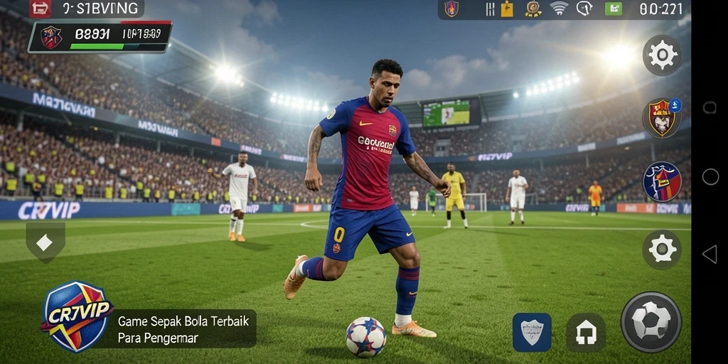 Tampilan gameplay menyerupai pertandingan sepak bola nyata yang seru.
