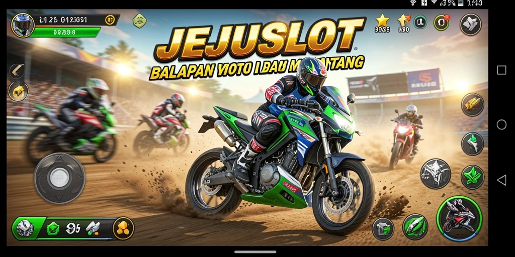 Screenshot gameplay JEJUSLOT menampilkan balapan motor yang seru dan mendebarkan.