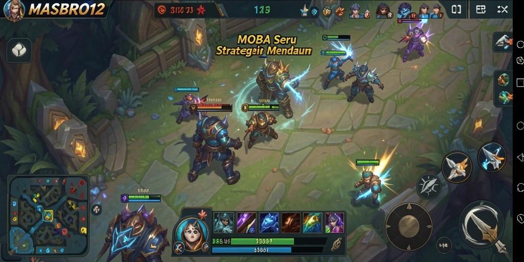Screenshot utama MASBRO12 menampilkan aksi seru dalam pertandingan MOBA.