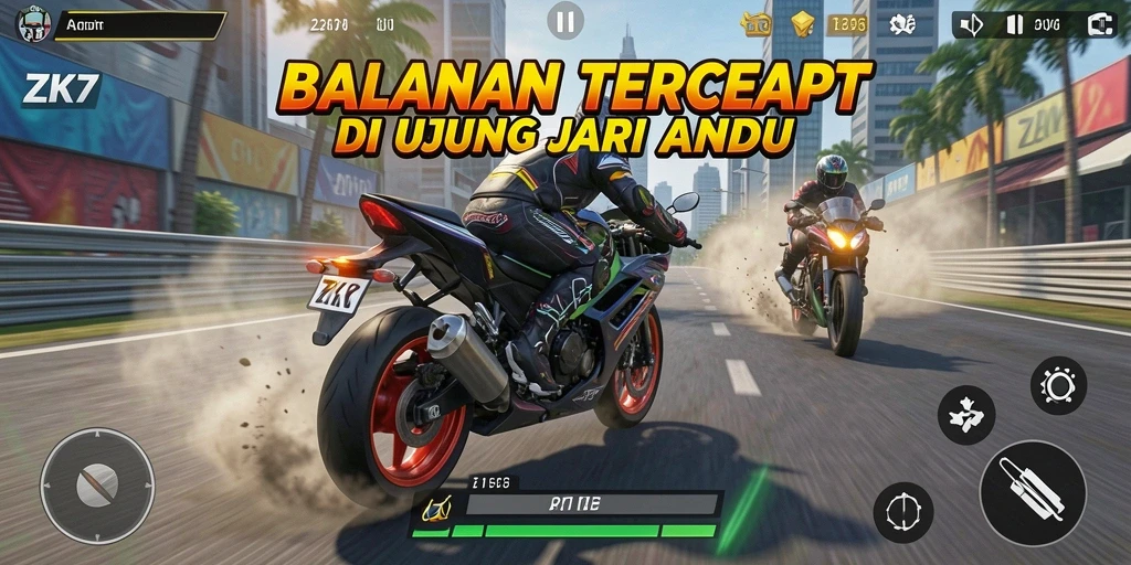Tangkapan layar <strong>ZK7</strong> menampilkan aksi balap motor yang menegangkan.